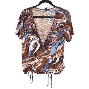Y2K Psychedelic Earthy Boho Ruched Hem Top 1X Brown Blue Abstract Indie Retro